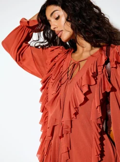 Micromesh V-neck ruffles minidress