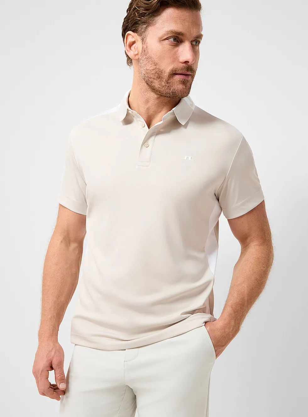 Micro-perforated-back white and beige golf polo