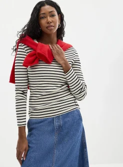 Mini-ribbing striped long-sleeve T-shirt