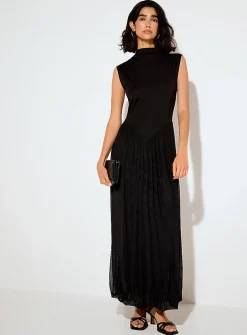 Mixed-material mock-neck maxi sleeveless dress