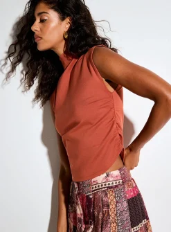Mock-neck ruched-waist interlock cami