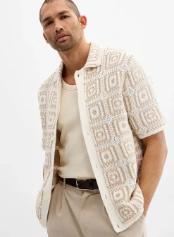 Mosaic crochet polo-collar cardigan