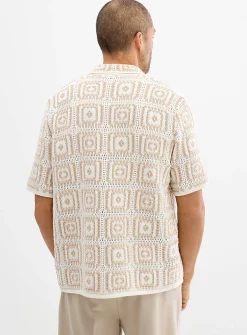 Mosaic crochet polo-collar cardigan