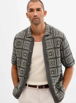 Mosaic crochet polo-collar cardigan