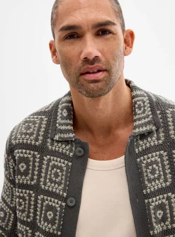 Mosaic crochet polo-collar cardigan