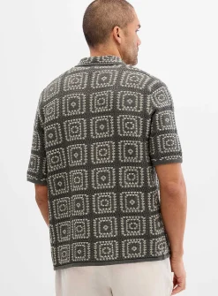 Mosaic crochet polo-collar cardigan