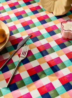 Multicoloured checkerboard tablecloth