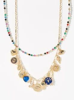 Mystical charm and bead double-strand necklace