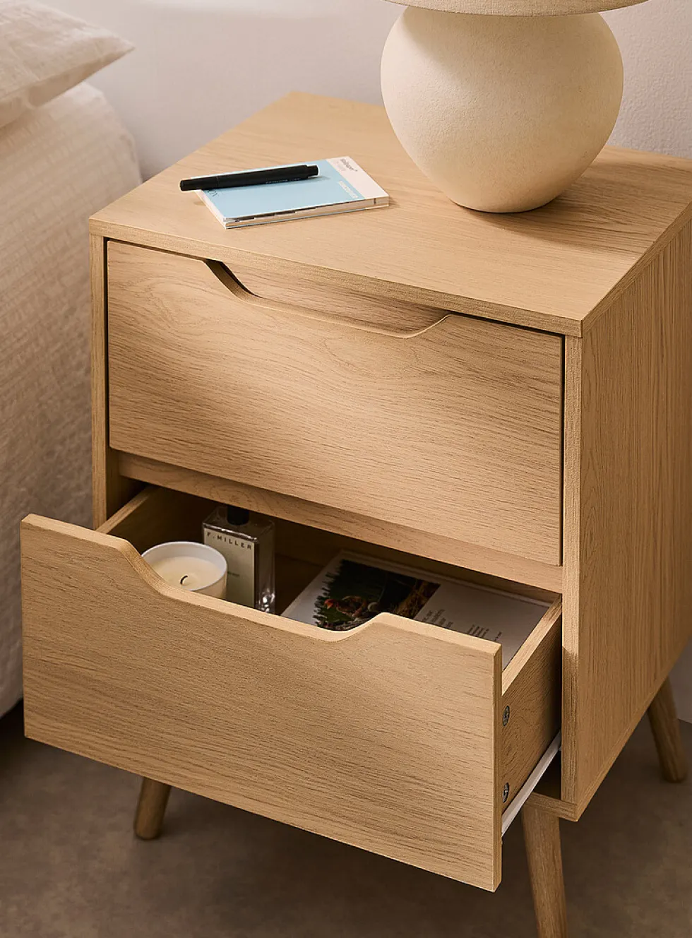 Natural two-drawer laminate finish accent table