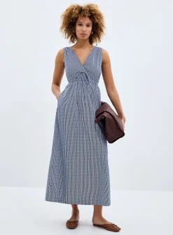 Navy blue checkers ruched waist dress