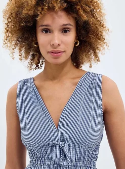 Navy blue checkers ruched waist dress