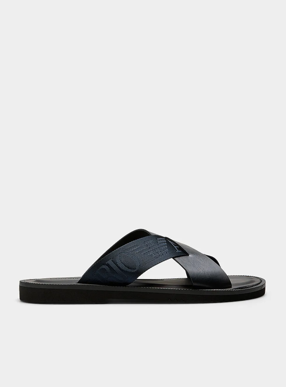 Navy blue leather crossed-strap sandals