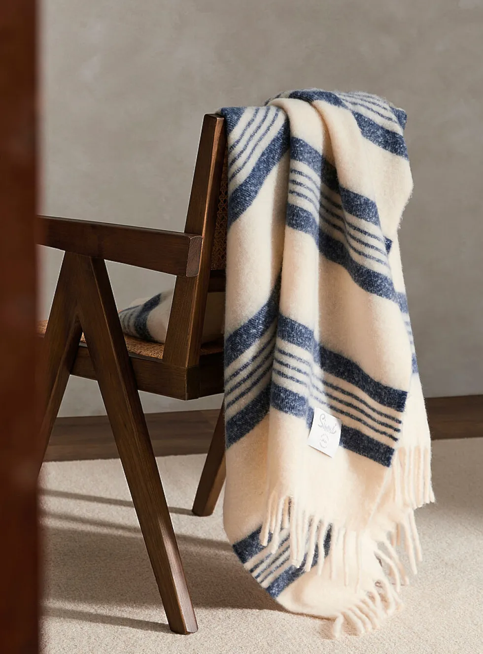 Navy blue stripes faux-mohair throw