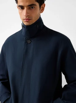Navy-blue organic cotton long trench coat