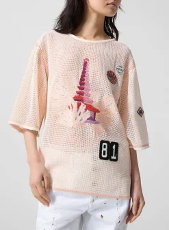 Nisrine embroidered crocheted mesh loose T-shirt