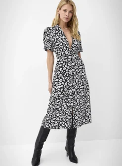 Notch collar belted midi dress