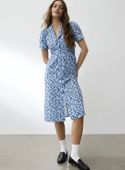 Notch collar belted midi dress