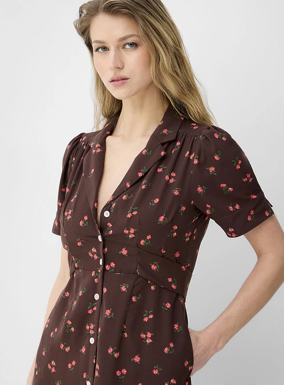 Notch collar belted midi dress