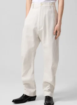 Oatmeal back buckle barrel-leg twill pant