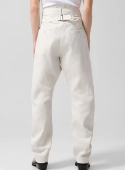 Oatmeal back buckle barrel-leg twill pant