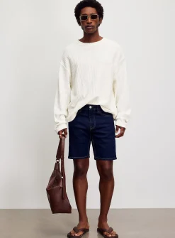 Ochre topstitch indigo jean Bermudas