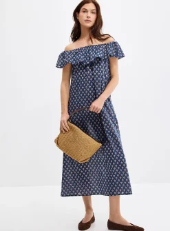 Off-the-shoulder mosaic voile dress