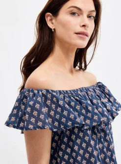 Off-the-shoulder mosaic voile dress