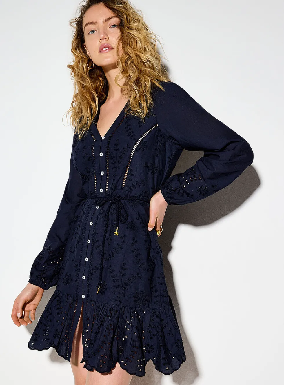Openwork broderie anglaise belted minidress