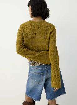 Openwork knit cropped bell-sleeve sweater