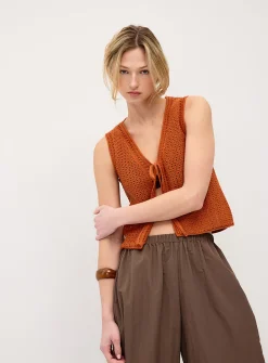 Openwork knit open sweater vest