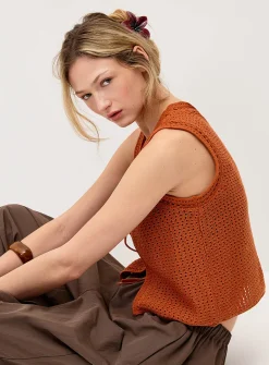 Openwork knit open sweater vest