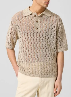 Openwork knit polo collar sweater