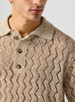 Openwork knit polo collar sweater