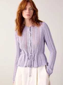 Openwork peplum cardigan with tie detail