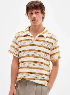 Openwork stripe Johnny collar polo