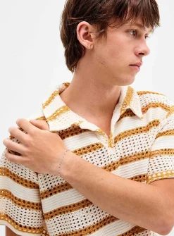 Openwork stripe Johnny collar polo
