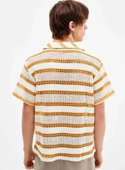 Openwork stripe Johnny collar polo