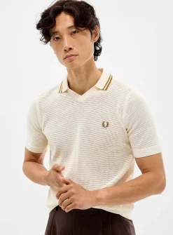 Openwork-knit Johnny-collar polo