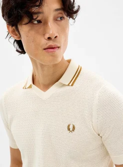 Openwork-knit Johnny-collar polo