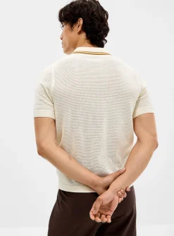 Openwork-knit Johnny-collar polo