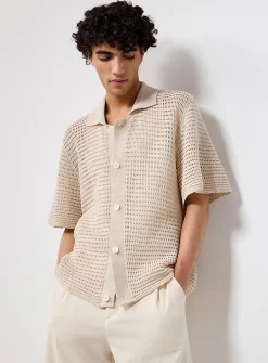 Openwork-stripe polo-collar cardigan