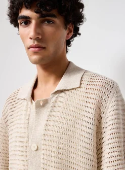 Openwork-stripe polo-collar cardigan
