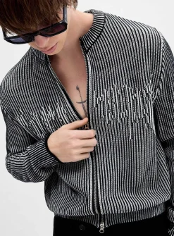 Optical ribbed-knit zipped cardigan