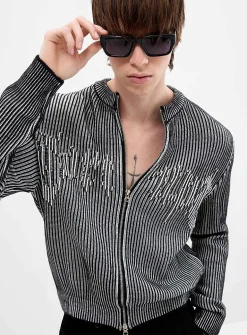 Optical ribbed-knit zipped cardigan