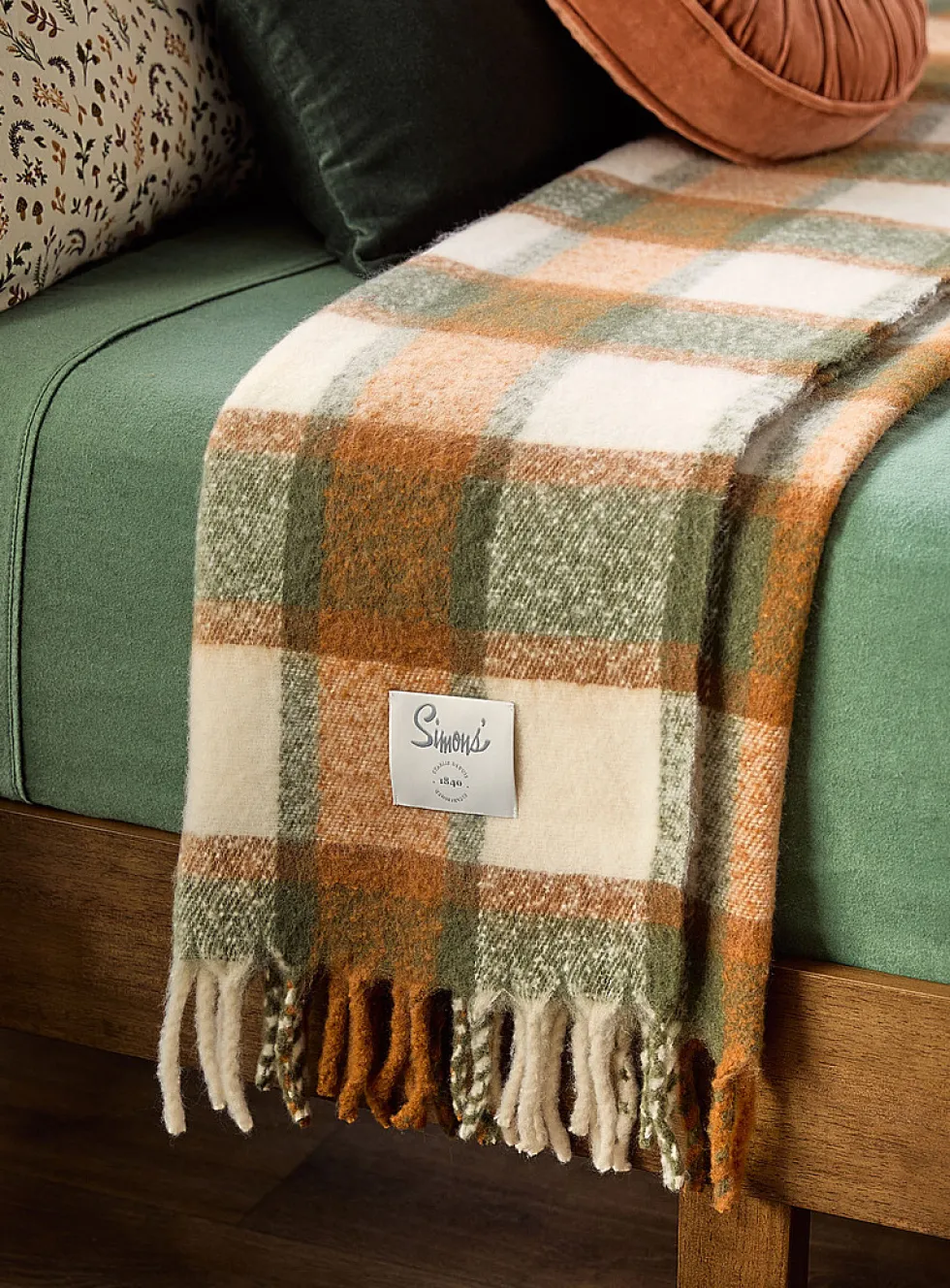 Orange and green check faux-mohair throw