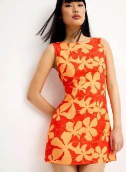 Orange flowers linen-blend minidress