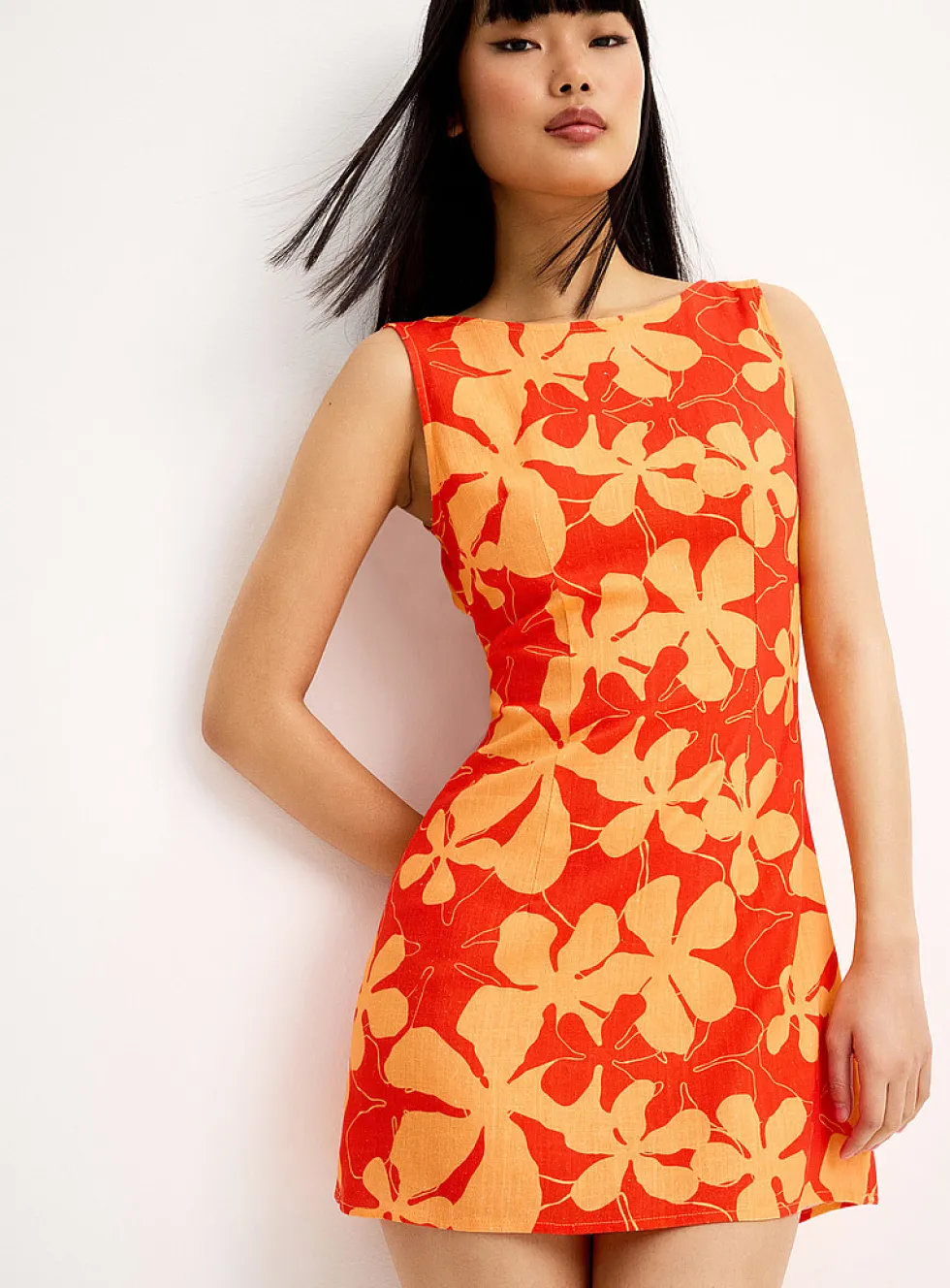 Orange flowers linen-blend minidress