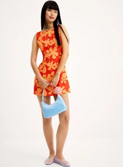 Orange flowers linen-blend minidress