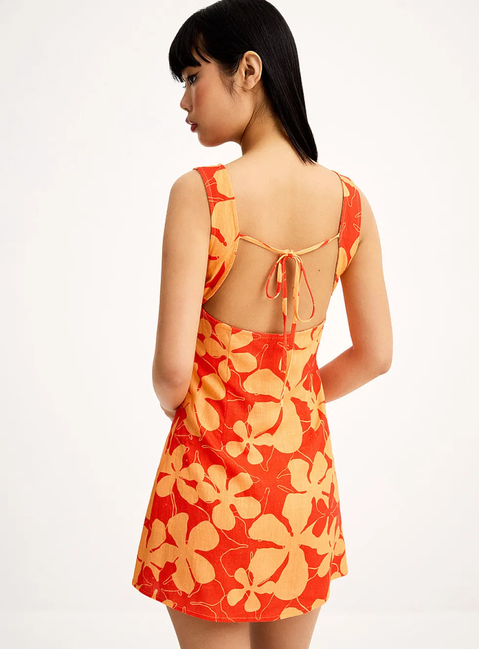 Orange flowers linen-blend minidress