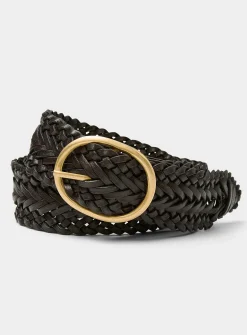 Oval-buckle wide braided-strap leather belt